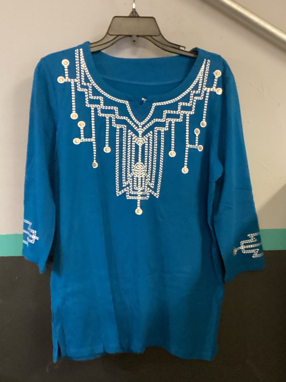 Coral Bay Teal Blue Long Sleeve Tee with Sequin Trim